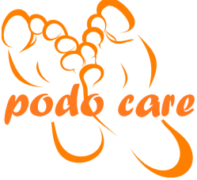 Logo orange zwei Füße nach links mit Schriftzug podo care