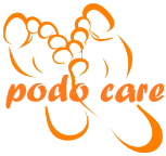 Logo orange zwei Füße nach links mit Schriftzug podo care