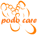 Logo orange zwei Füße nach links mit Schriftzug podo care