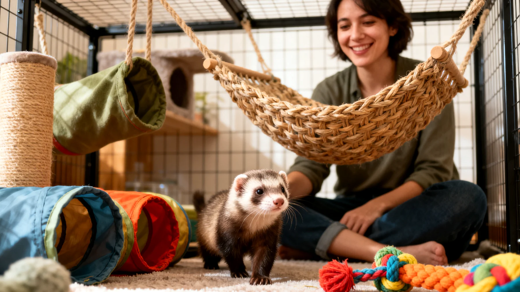 Frettchen benötigen artgerechtes Zubehör und sichere Produkte für die Haltung in der Wohnung, da sie neugierige und verspielte Tiere sind, die ohne geeignete Ausstattung Gefahren ausgesetzt sein können oder Verhaltensprobleme entwickeln"